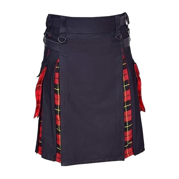 DSS Men Scottish Punk Goth Black & Wallace Tartan Utility Leather Straps Kilt 40 - Picture 1 of 10